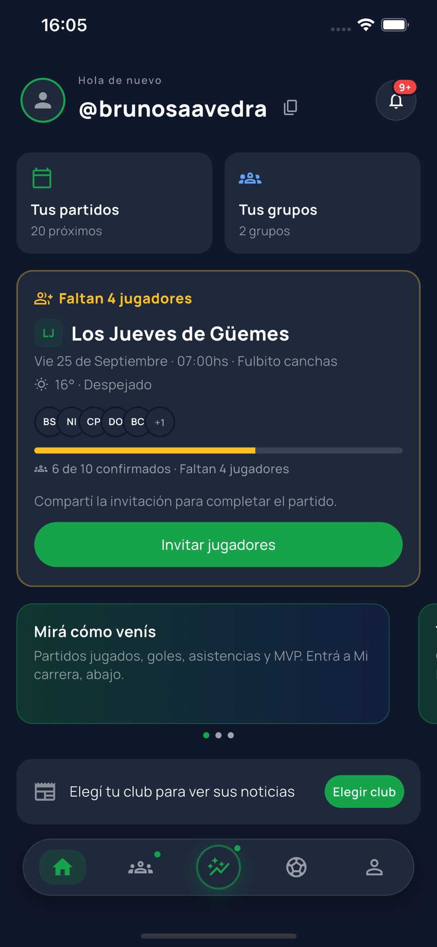 Pantalla de inicio de Fulbito: el próximo partido del grupo con los confirmados, los jugadores que faltan y el botón para invitar.